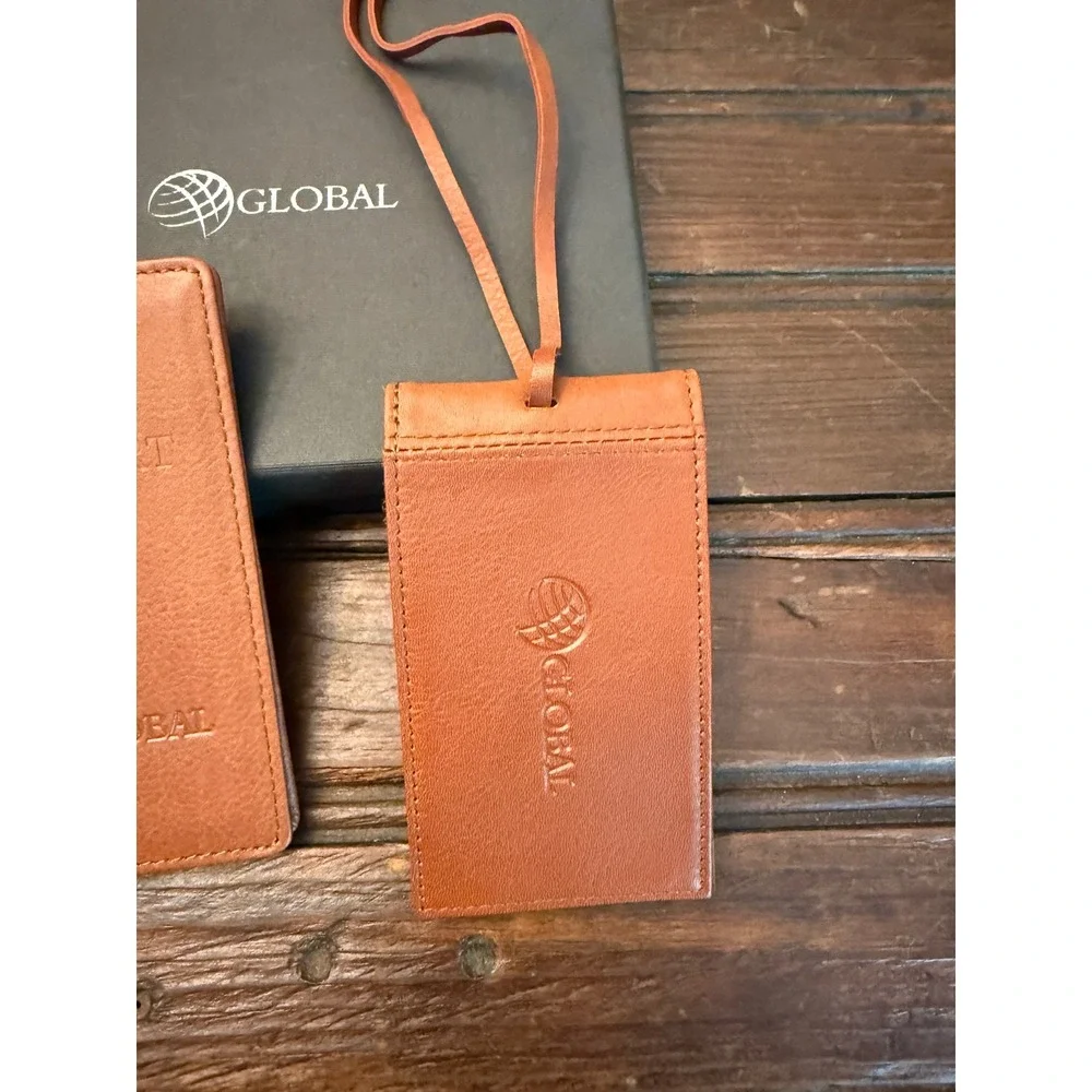 Leeman Designs Tan Leather Passport Cover and Luggage Tag Travel Gift Set Global